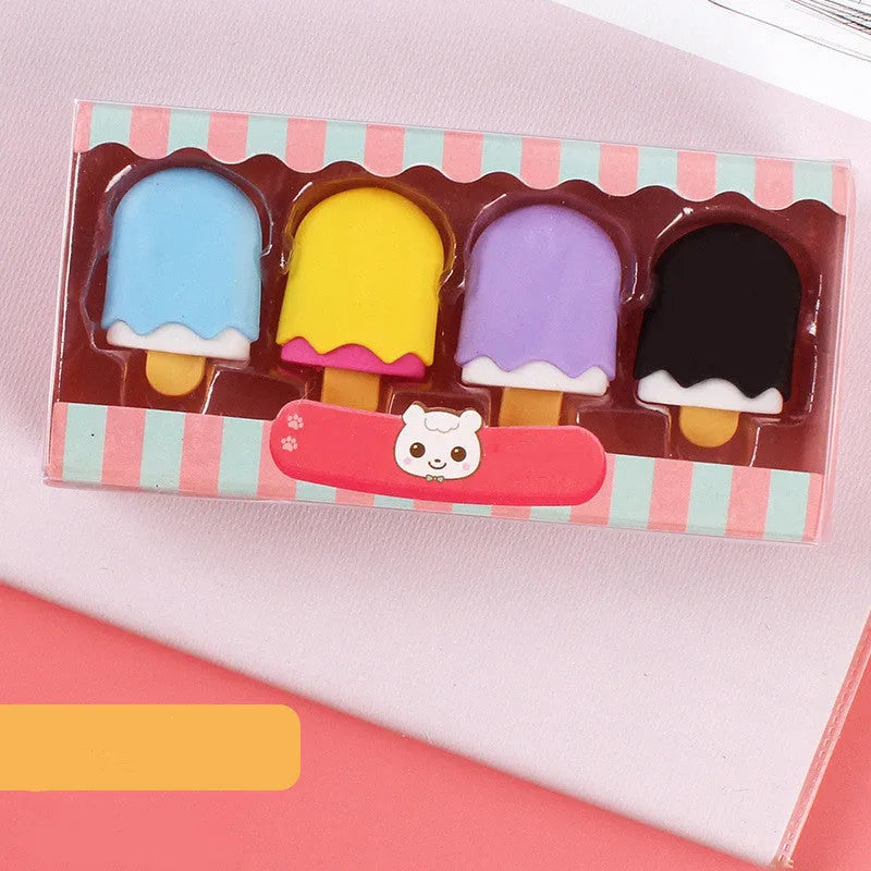 Set of 12 colourful cartoon food erasers including ice creams, donuts, lollipops, and cones.