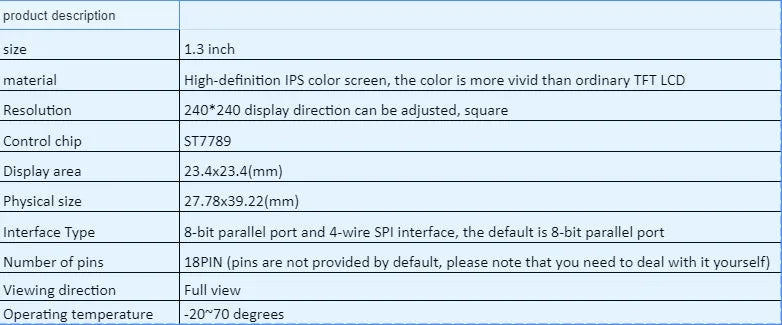 1.3 inch square IPS LCD display screen with 240x240 resolution and 18-pin connector