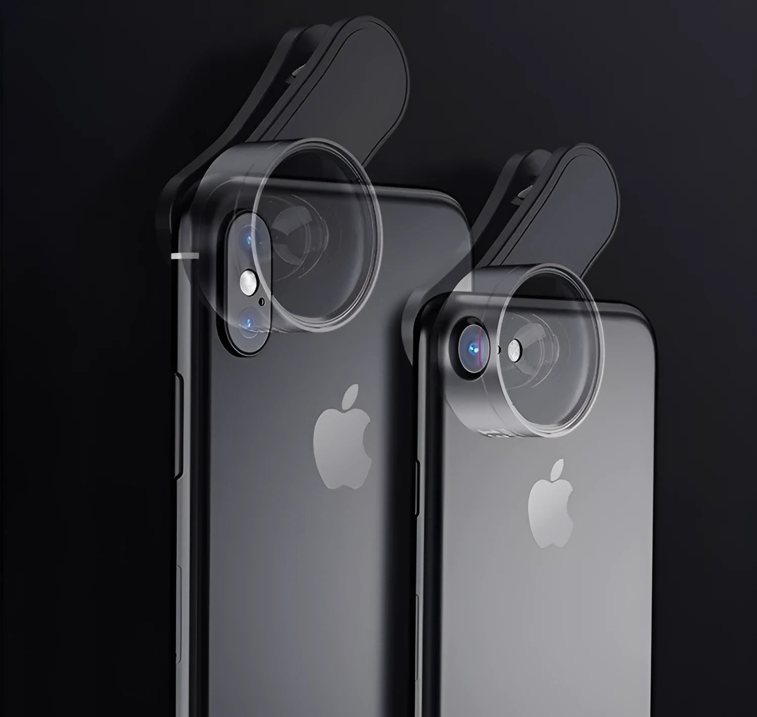 Universal fill light and clip-on lens kit for smartphone cameras with wide angle and macro lenses.