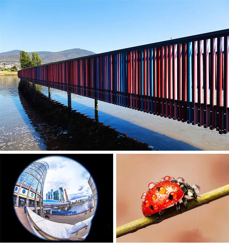 Universal fill light and clip-on lens kit for smartphone cameras with wide angle and macro lenses.