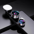 Universal fill light and clip-on lens kit for smartphone cameras with wide angle and macro lenses.