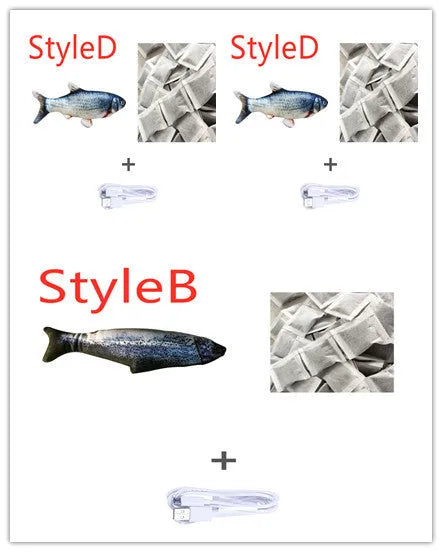 Electric jumping fish simulation cat toy showing multicolor options and USB charging cable.