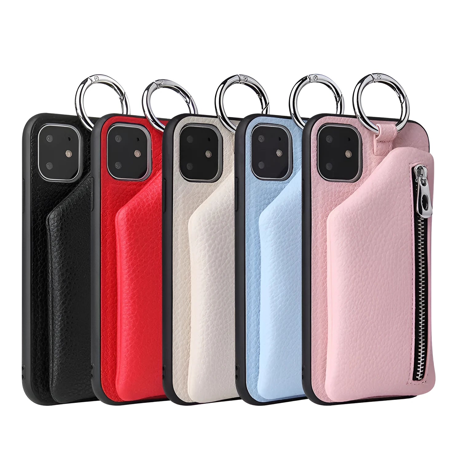 Pink imitation leather wallet phone case with detachable black lanyard attached.