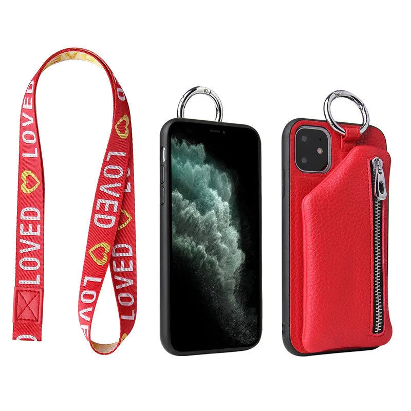 Pink imitation leather wallet phone case with detachable black lanyard attached.