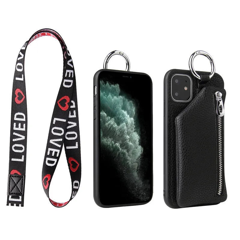 Pink imitation leather wallet phone case with detachable black lanyard attached.