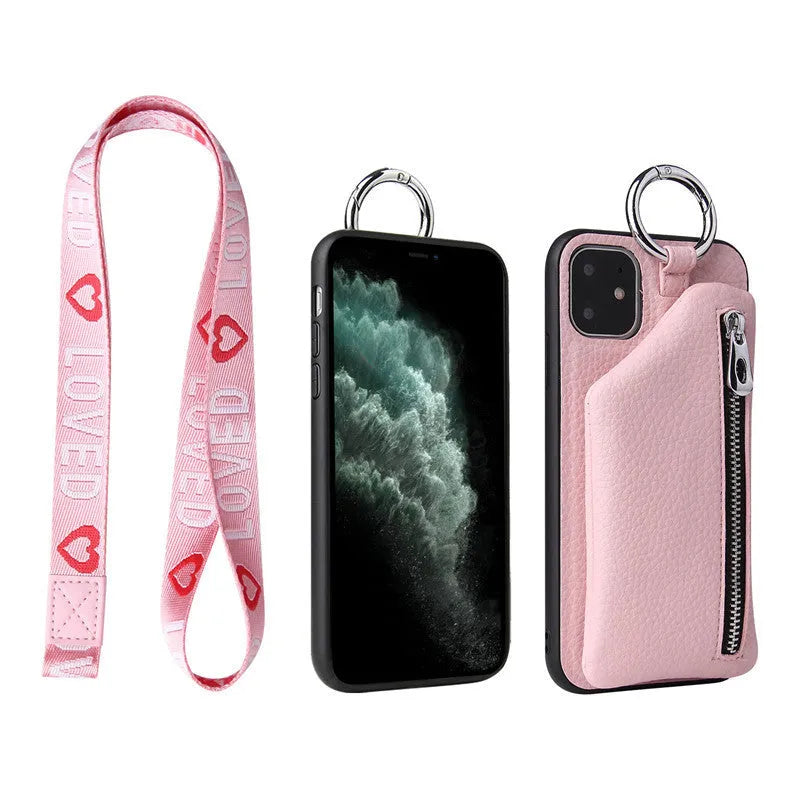 Pink imitation leather wallet phone case with detachable black lanyard attached.