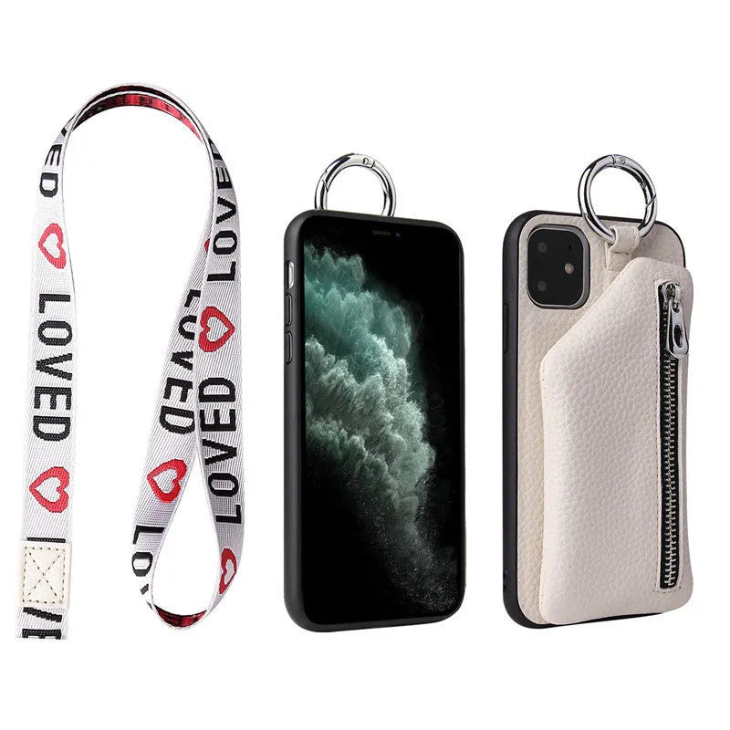 Pink imitation leather wallet phone case with detachable black lanyard attached.