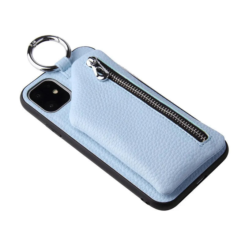 Pink imitation leather wallet phone case with detachable black lanyard attached.