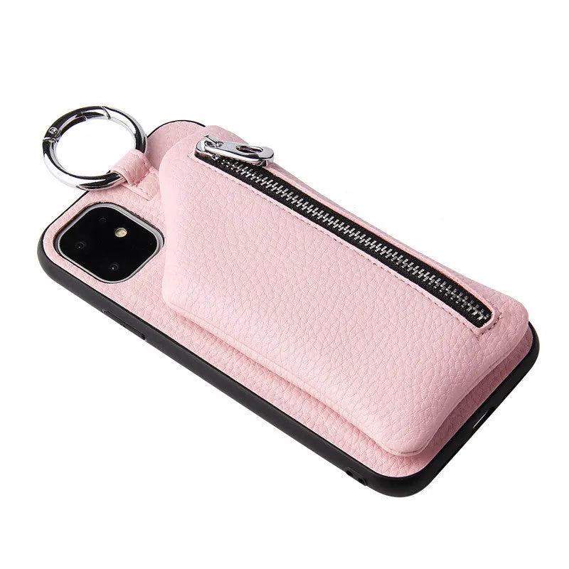 Pink imitation leather wallet phone case with detachable black lanyard attached.