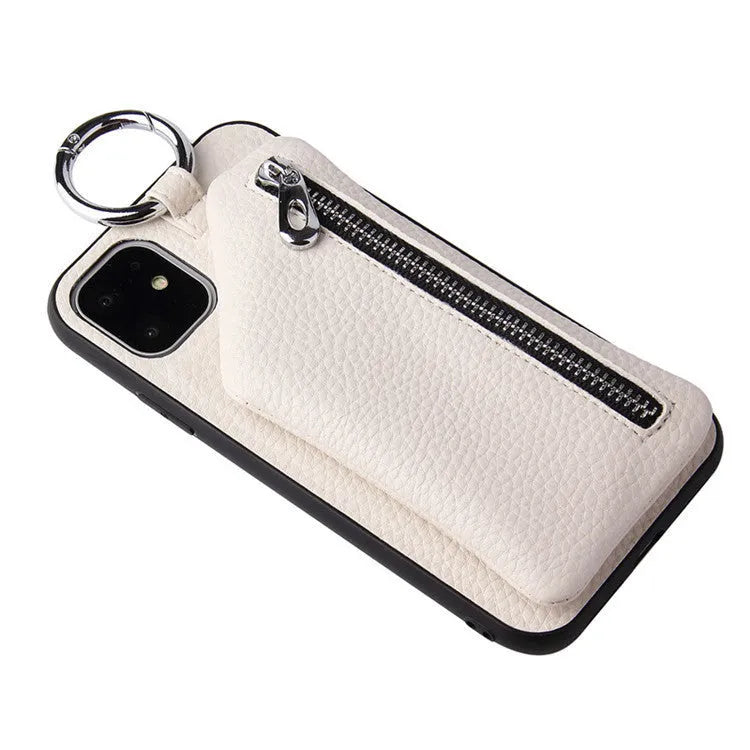 Pink imitation leather wallet phone case with detachable black lanyard attached.