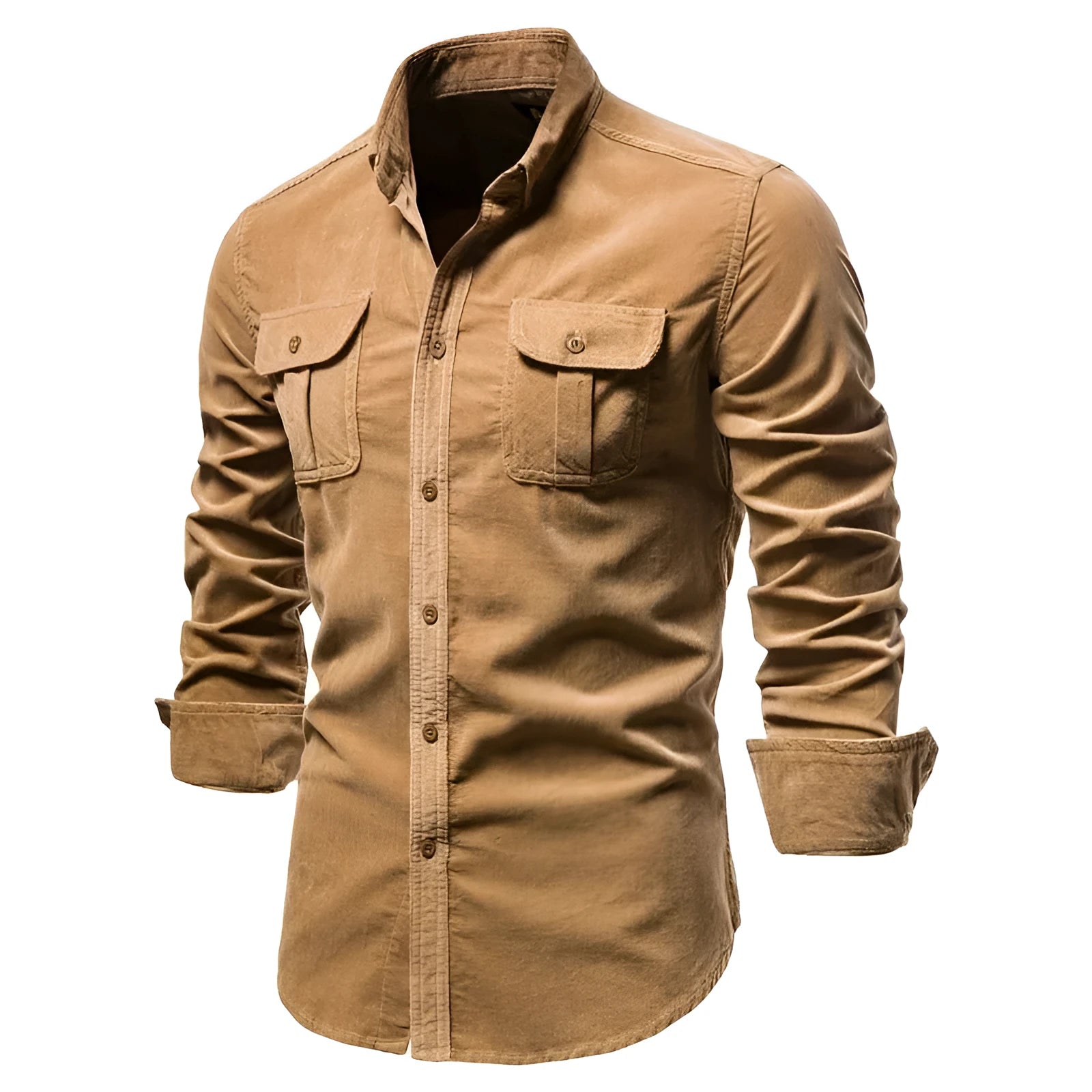 Men's denim blue long sleeve linen button-up shirt laid flat, showing button front and casual style.