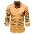 Men's denim blue long sleeve linen button-up shirt laid flat, showing button front and casual style.
