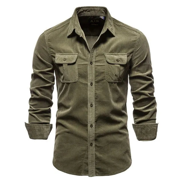 Men's denim blue long sleeve linen button-up shirt laid flat, showing button front and casual style.