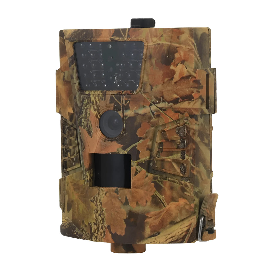 Orchard surveillance anti-theft camera showing dimensions 128mm x 92mm x 43mm with night vision capability