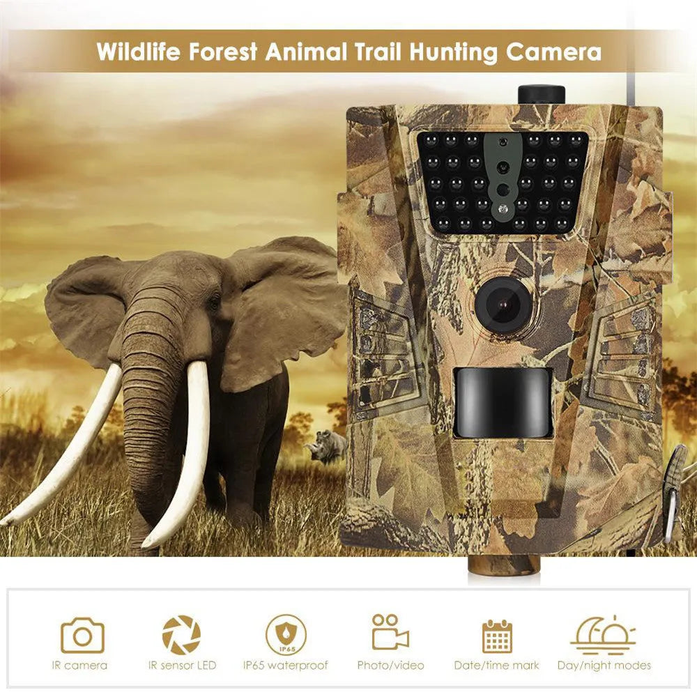 Orchard surveillance anti-theft camera showing dimensions 128mm x 92mm x 43mm with night vision capability