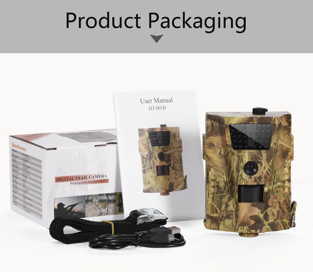 Orchard surveillance anti-theft camera showing dimensions 128mm x 92mm x 43mm with night vision capability