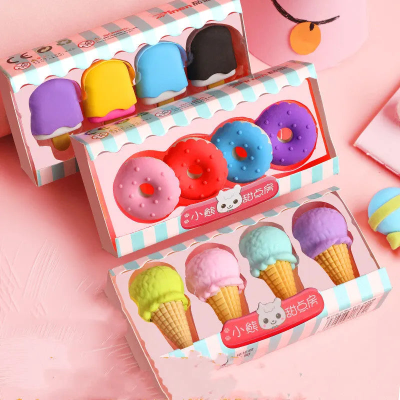 Set of 12 colourful cartoon food erasers including ice creams, donuts, lollipops, and cones.