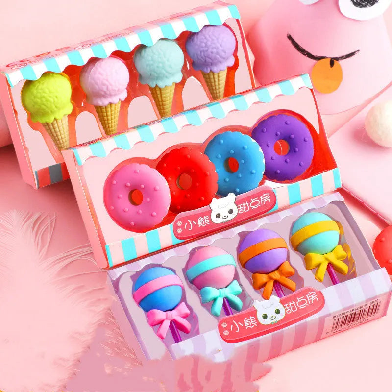 Set of 12 colourful cartoon food erasers including ice creams, donuts, lollipops, and cones.