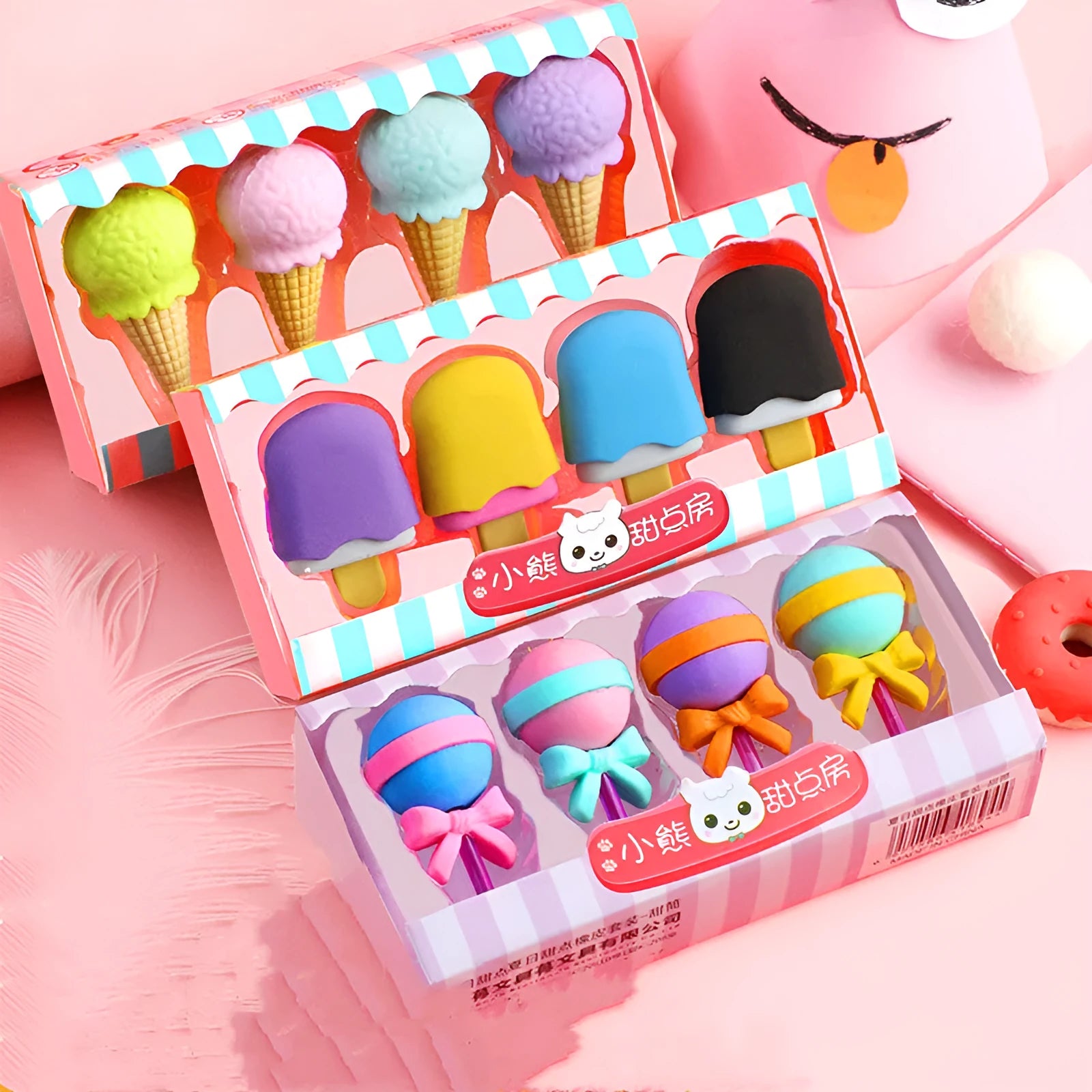 Set of 12 colourful cartoon food erasers including ice creams, donuts, lollipops, and cones.
