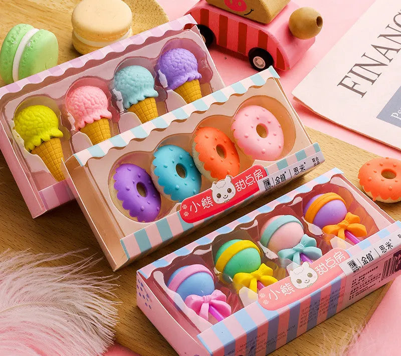 Set of 12 colourful cartoon food erasers including ice creams, donuts, lollipops, and cones.