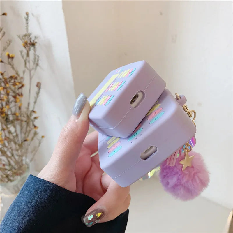 Purple silicone AirPods case with fur ball pendant for AirPods Pro and AirPods 1/2