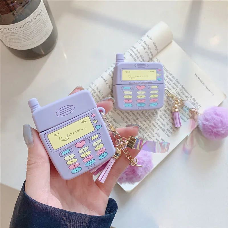 Purple silicone AirPods case with fur ball pendant for AirPods Pro and AirPods 1/2