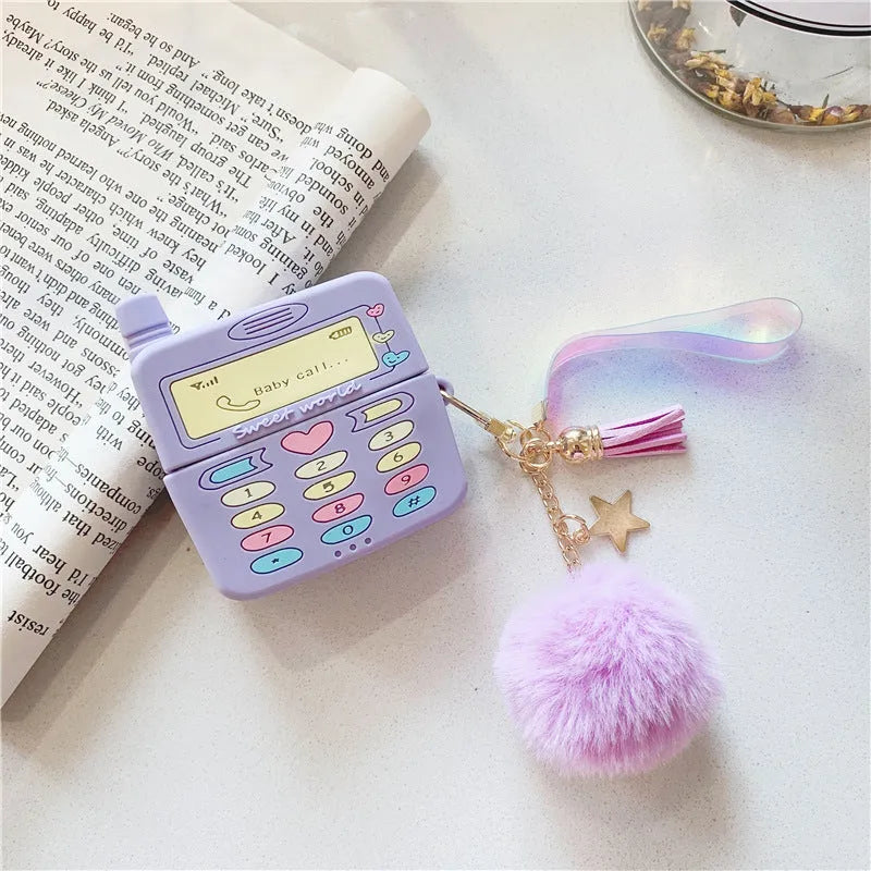 Purple silicone AirPods case with fur ball pendant for AirPods Pro and AirPods 1/2