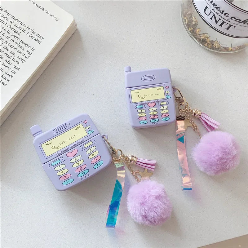 Purple silicone AirPods case with fur ball pendant for AirPods Pro and AirPods 1/2