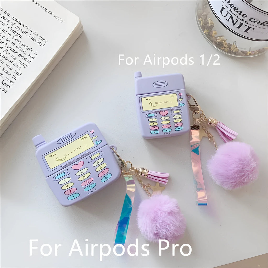 Purple silicone AirPods case with fur ball pendant for AirPods Pro and AirPods 1/2