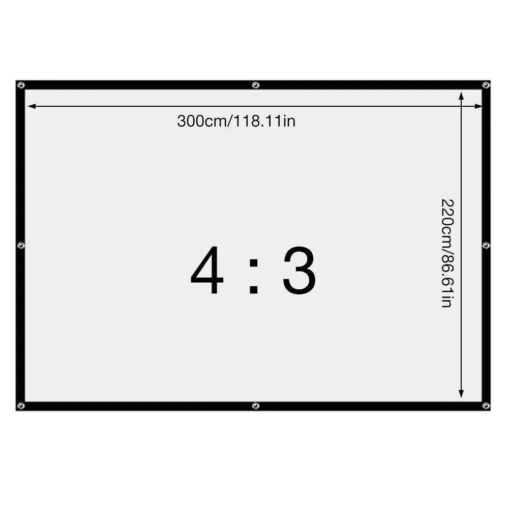 White 150-inch folding projection screen with 4:3 aspect ratio on portable frame