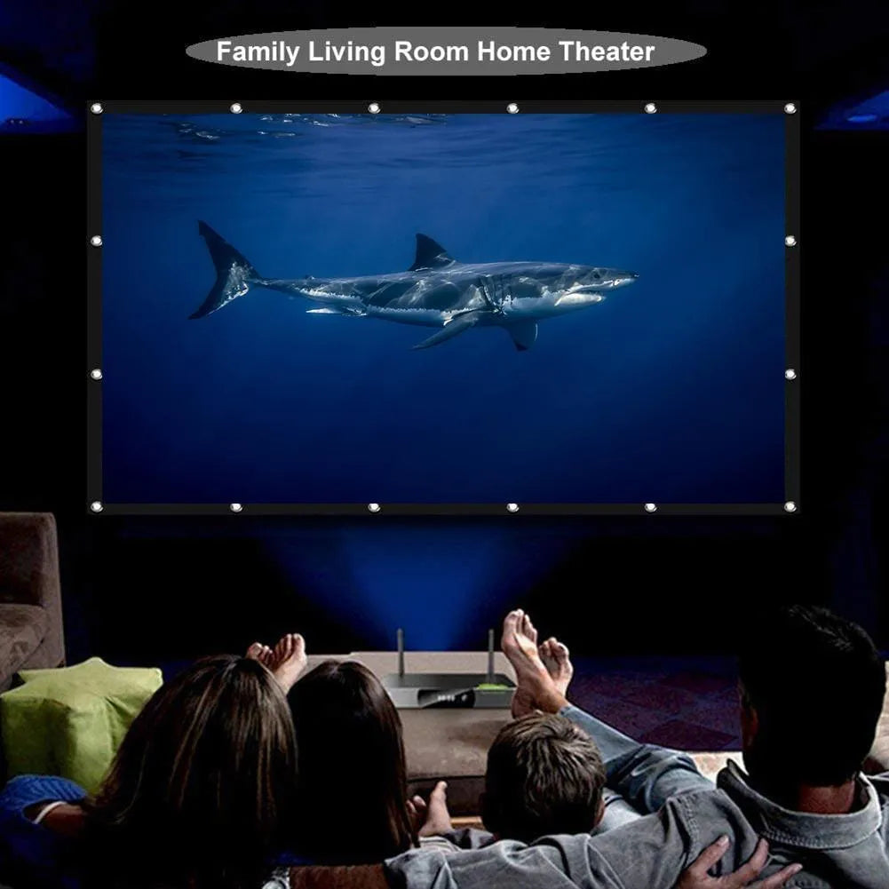 White 150-inch folding projection screen with 4:3 aspect ratio on portable frame