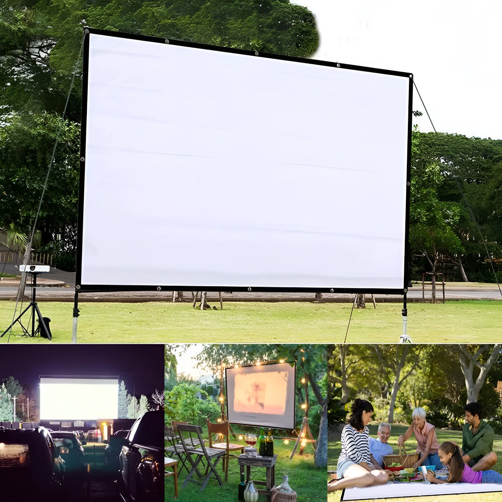 White 150-inch folding projection screen with 4:3 aspect ratio on portable frame