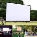 White 150-inch folding projection screen with 4:3 aspect ratio on portable frame