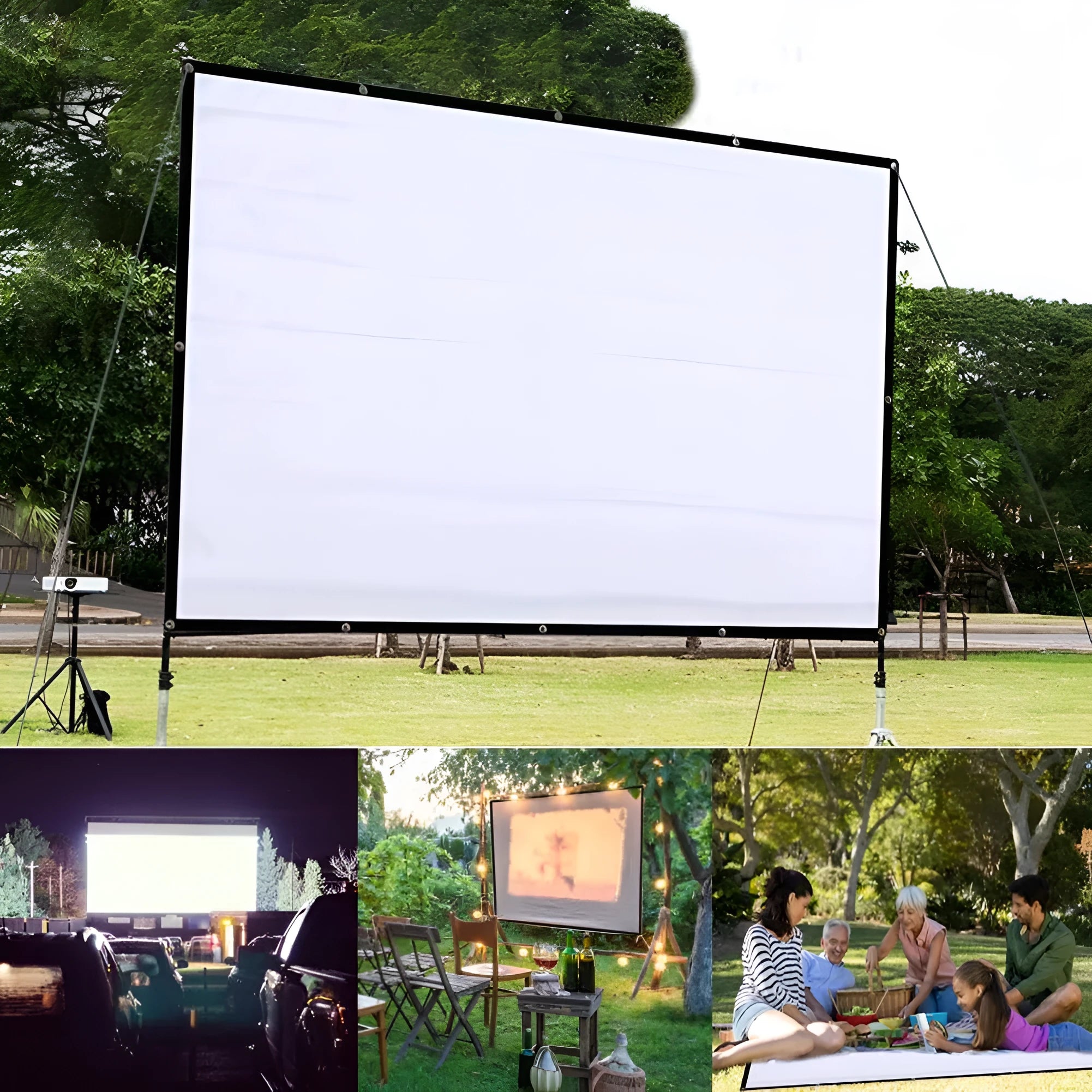 White 150-inch folding projection screen with 4:3 aspect ratio on portable frame