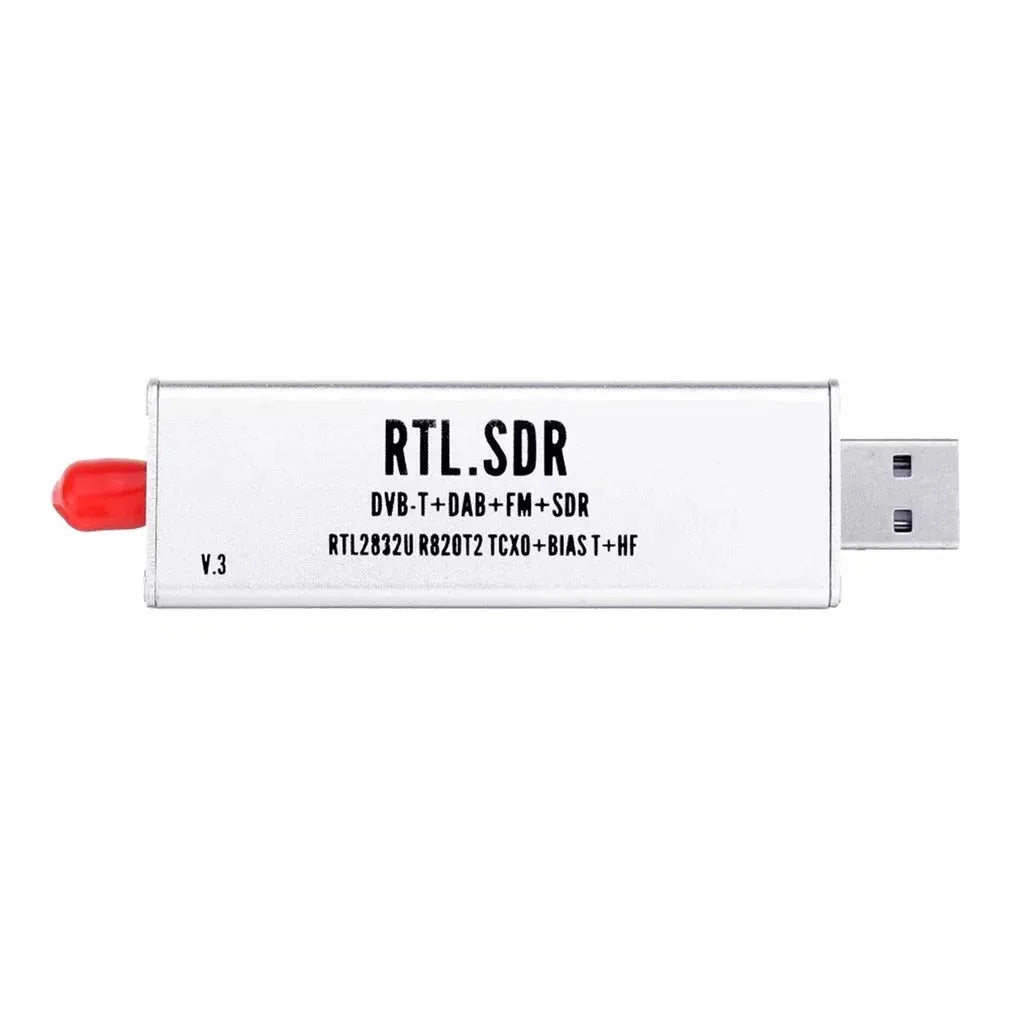Black metal A300U software defined radio receiver with USB cable and golden SMA antenna connector