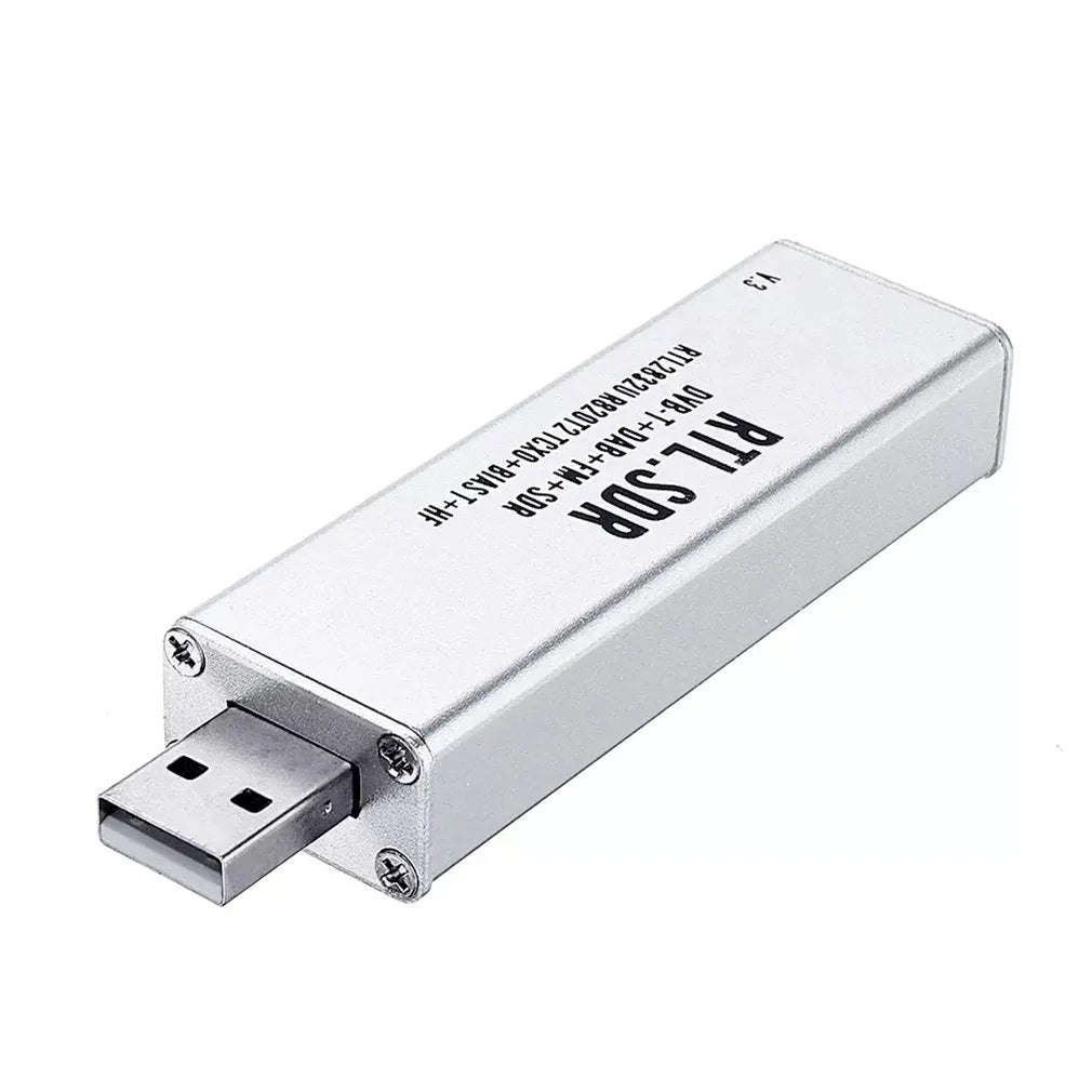 Black metal A300U software defined radio receiver with USB cable and golden SMA antenna connector