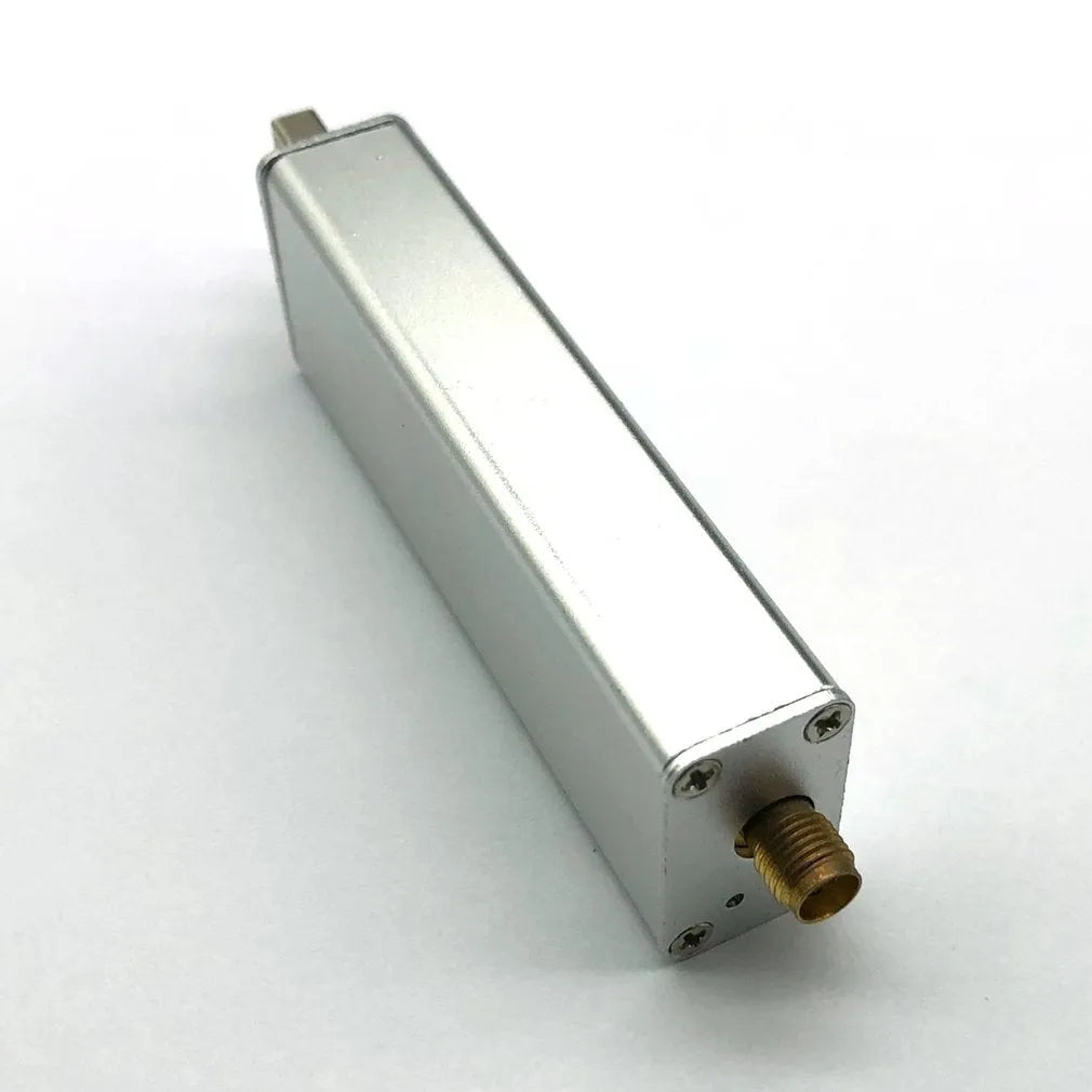 Black metal A300U software defined radio receiver with USB cable and golden SMA antenna connector