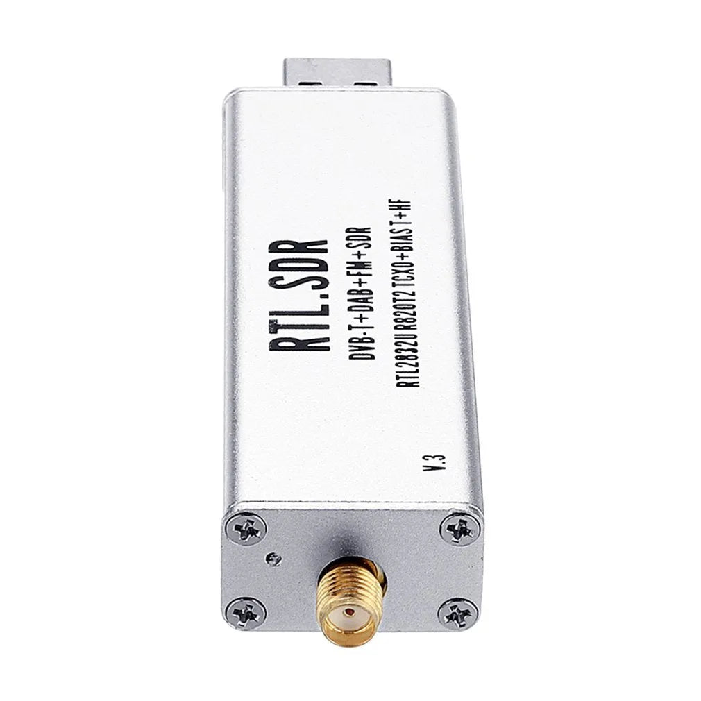 Black metal A300U software defined radio receiver with USB cable and golden SMA antenna connector