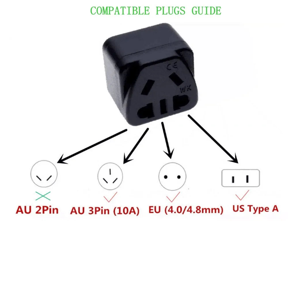 Square white and black universal travel plug adapter with five output sockets for UK US AU plugs