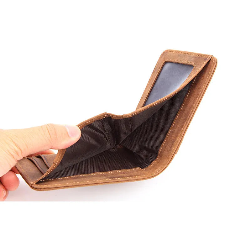 Brown head layer cowhide RFID men's leather wallet showing card slots and compact size
