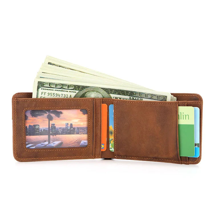 Brown head layer cowhide RFID men's leather wallet showing card slots and compact size