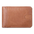 Brown head layer cowhide RFID men's leather wallet showing card slots and compact size
