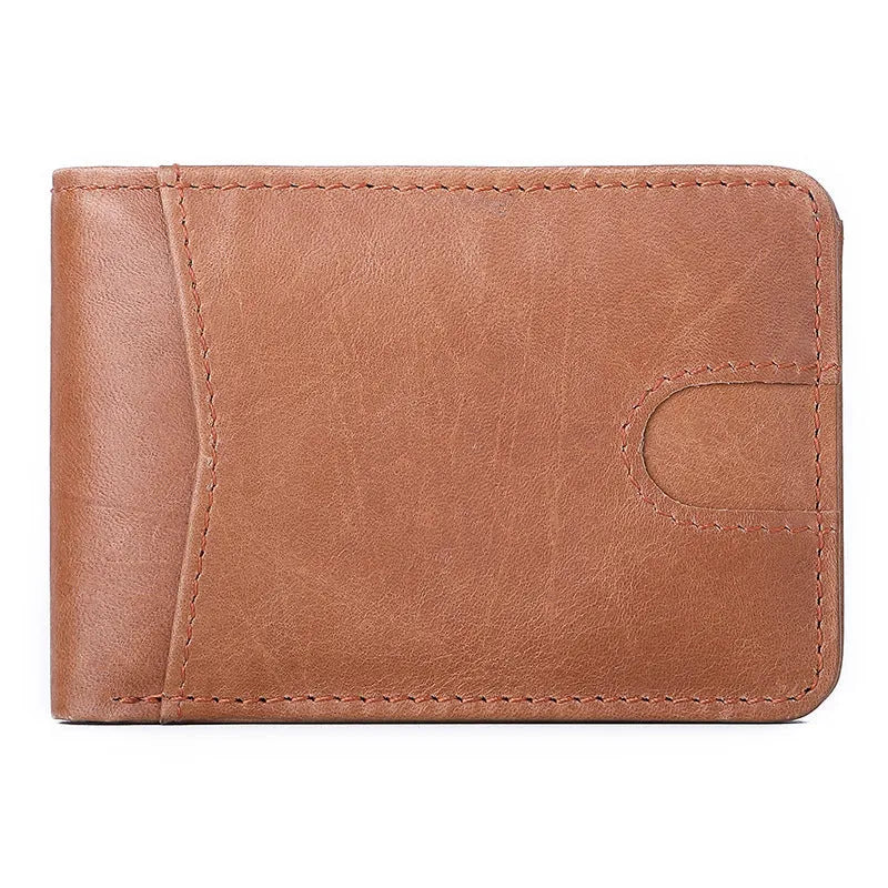 Brown head layer cowhide RFID men's leather wallet showing card slots and compact size