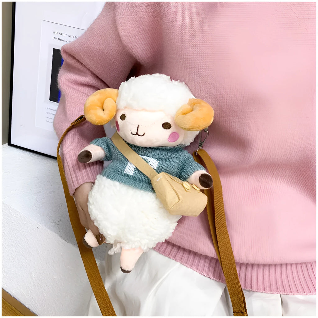 Little Sheep plush crossbody bag with lamb pattern and square design in blue colour
