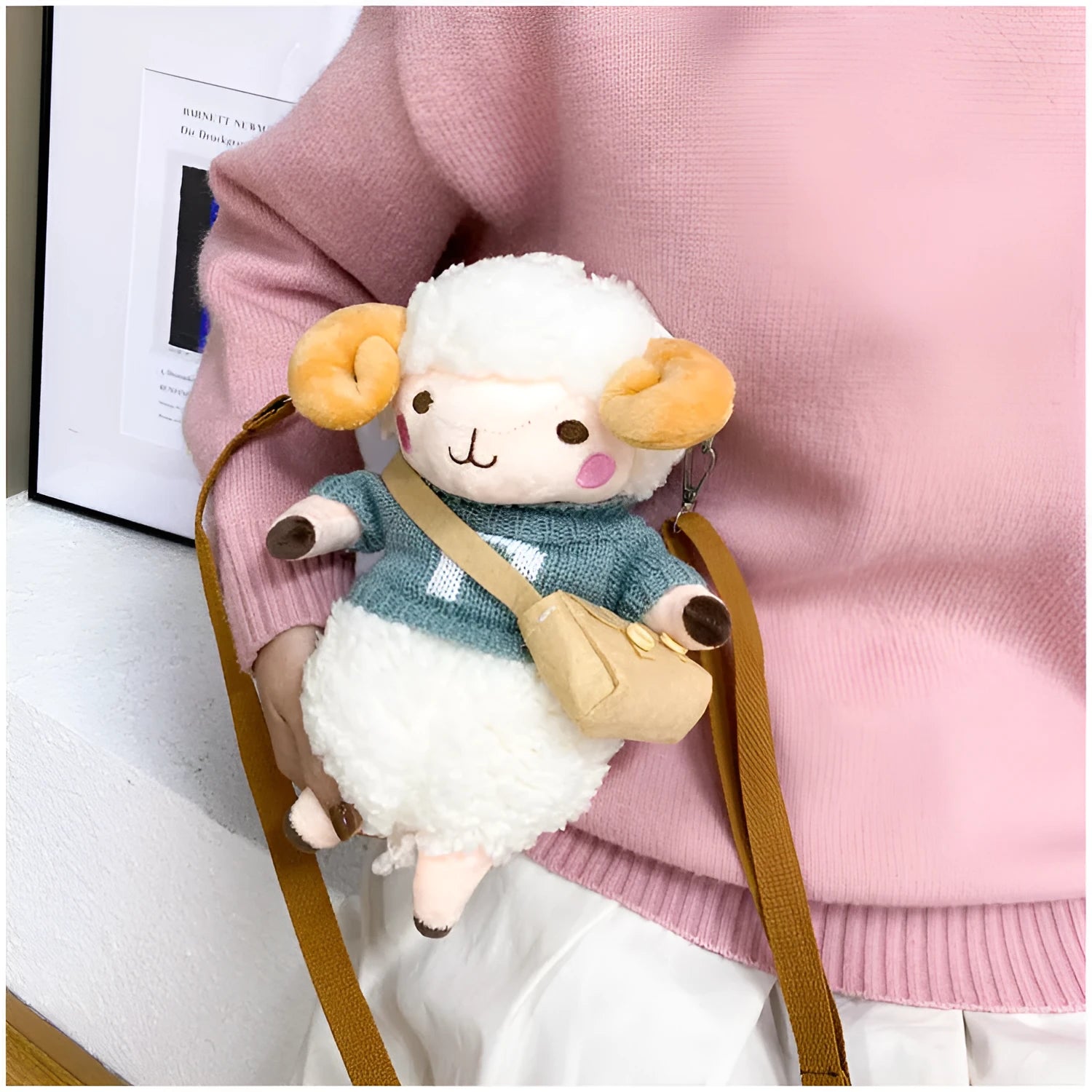 Little Sheep plush crossbody bag with lamb pattern and square design in blue colour