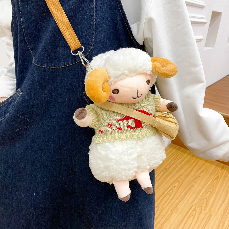 Little Sheep plush crossbody bag with lamb pattern and square design in blue colour