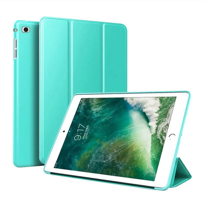 Black clamshell iPad case with built-in stand open, showing interior for a 9.7-inch tablet.