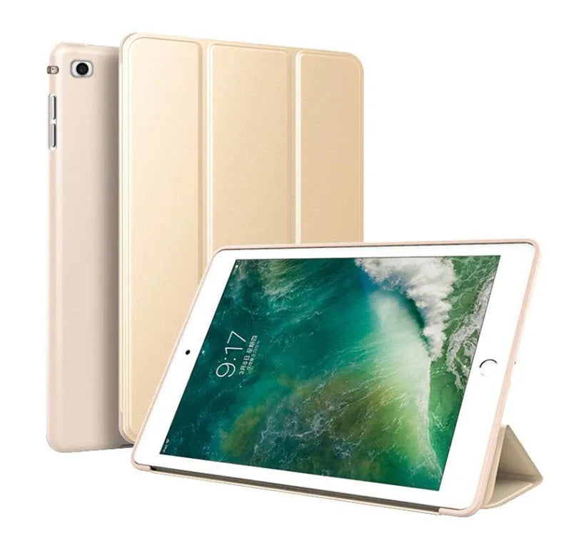 Black clamshell iPad case with built-in stand open, showing interior for a 9.7-inch tablet.