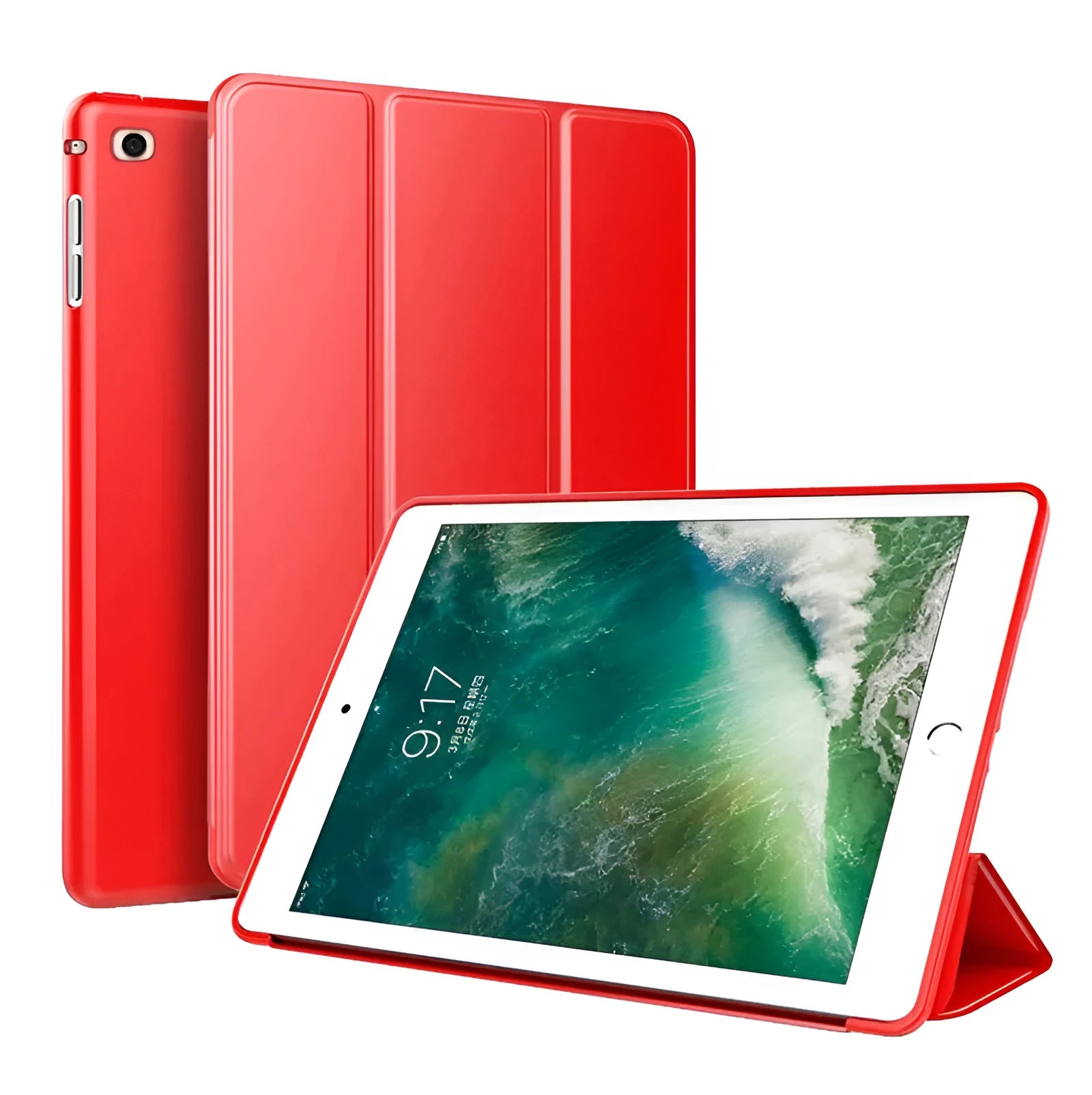 Black clamshell iPad case with built-in stand open, showing interior for a 9.7-inch tablet.