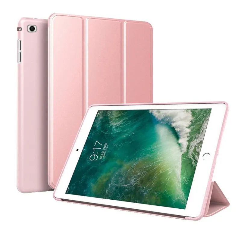 Black clamshell iPad case with built-in stand open, showing interior for a 9.7-inch tablet.